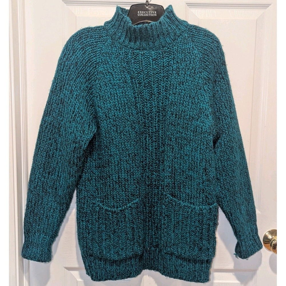 80s Utility Chunky Knit Sweater Teal Marled Mock Neck VTG Reference Point Small